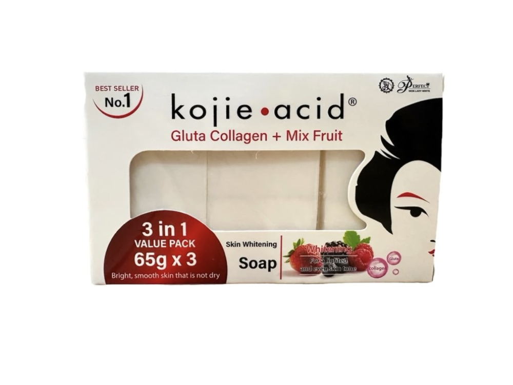 Kojie.acid Gluta Collagen + Mix Fruit Skin Whitening Soap 3-in-1 value pack.
